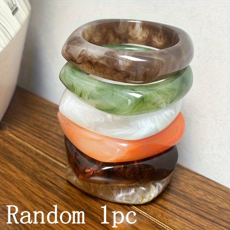 1pc Bohemian Colorful Resin Bracelet, Wide Marble Texture Stackable Bracelet, Color And Style Random
