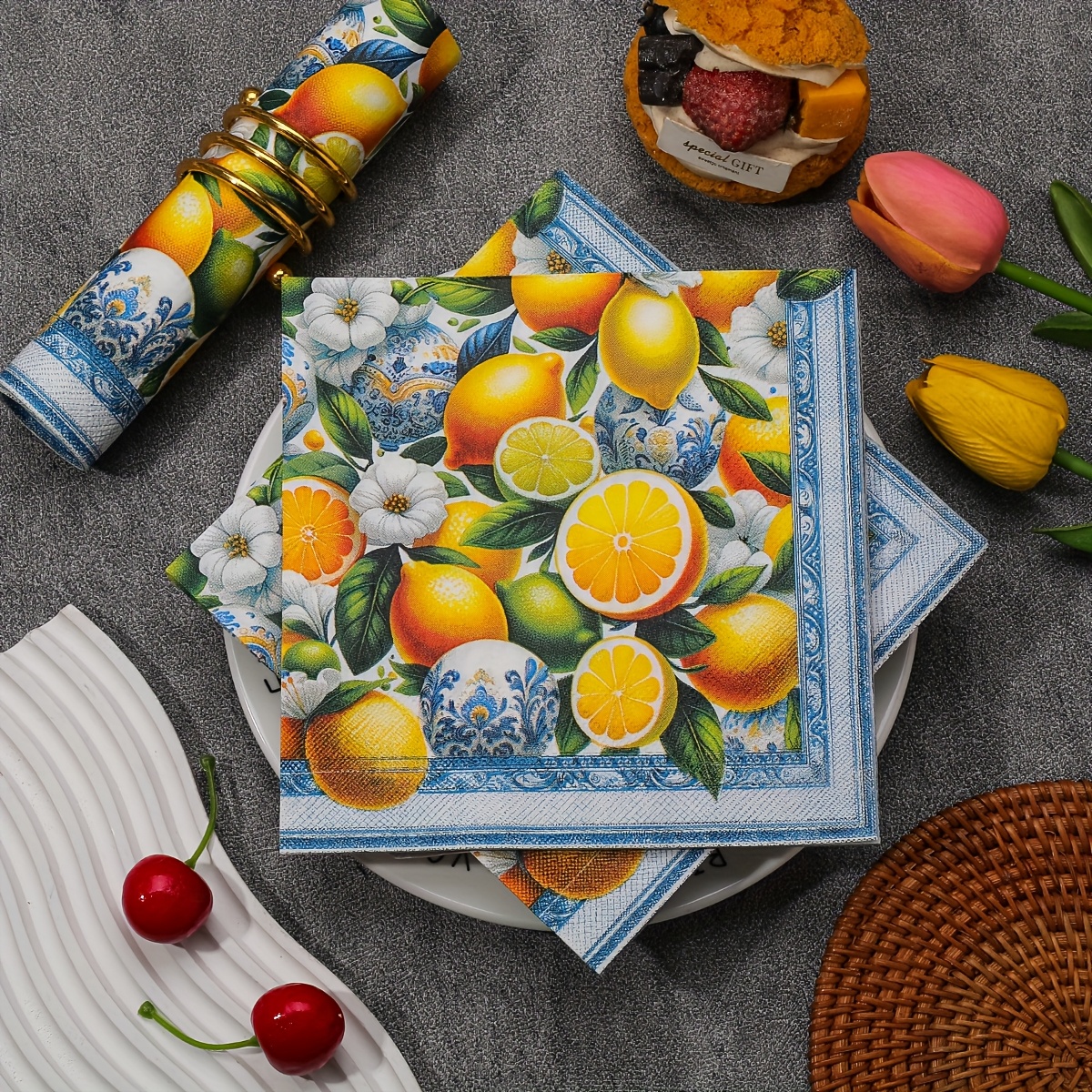 TEMU 20pcs Of The 2025 New Style Printed Lemon And Orange Napkins, 13x13 Inches - Decorative Paper Napkins For Wedding, Birthday, And Garden Parties,