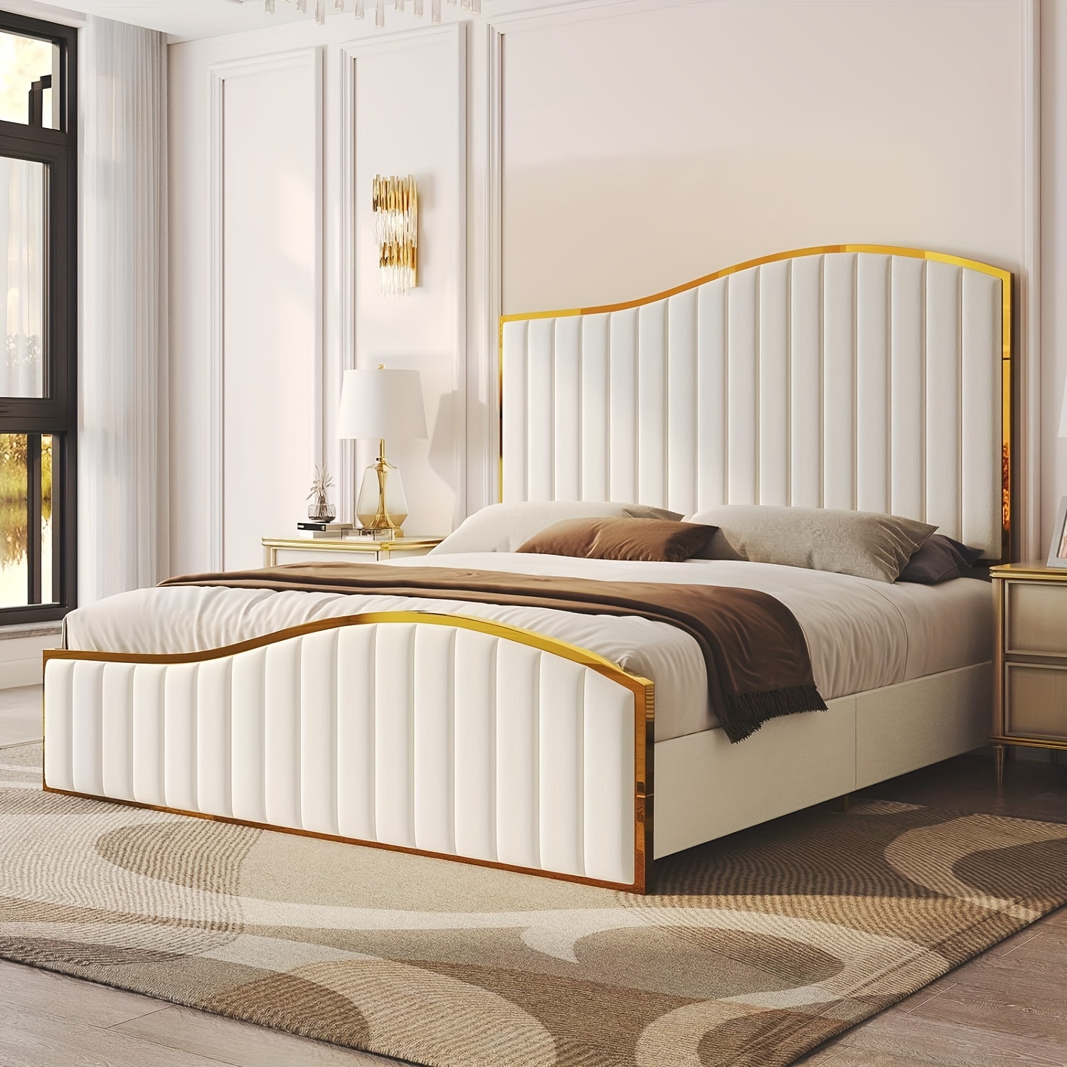 

[everyday ] Size Velvet Platform Bed With & Footboard - Cream Upholstered, High Headboard, For Modern Bedrooms, Bed Room Decor