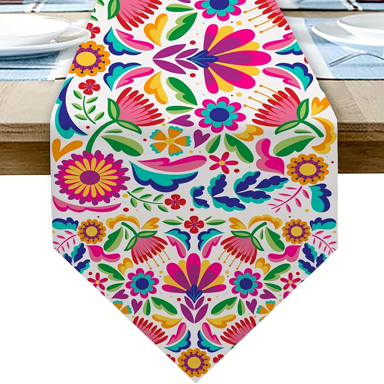 

1pc Vibrant Mexican Fiesta Linen Table Runner - Colorful Flowers & Design For Dia De Los Muertos, De | Rustic Home Dining & Kitchen Decor, Mexican Home Decor