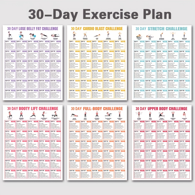 E-shop 2D Flache 6-teilige Set von 30-Tage Fitness-Challenge Poster, Gym- und Home-Workout-Plan für , Oberschenkel, Hüfte, Bauchverlust, Körperformung,