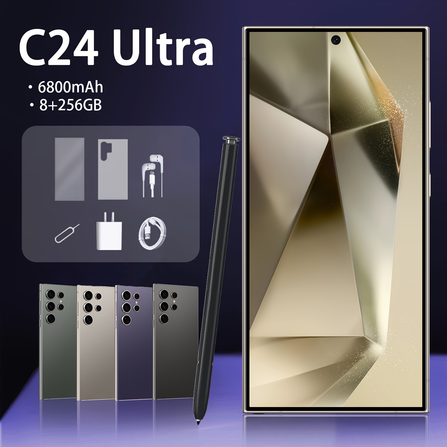 c24 ultra multifunctional smartphone face recognition unlock mobile phone portable student adult cell phone touch screen control built in pen 8 256gb expandable memory card dual sim dual standby smooth gaming graphics fast receiving messages 6 800mah battery fast charging comes with charger usb type c screen protector case wired earphone card pin details 2