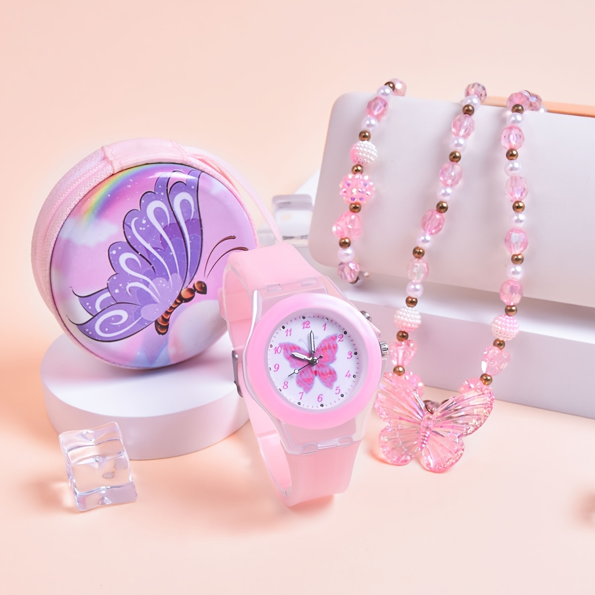Image of Set 4pcs/set Soft Silicone Strap Pattern Student Pointer Watch Creative Led Luminous Girls Quartz Watch Luxury Princess Bracelet Necklace Coin Purse Storage Box Gift
