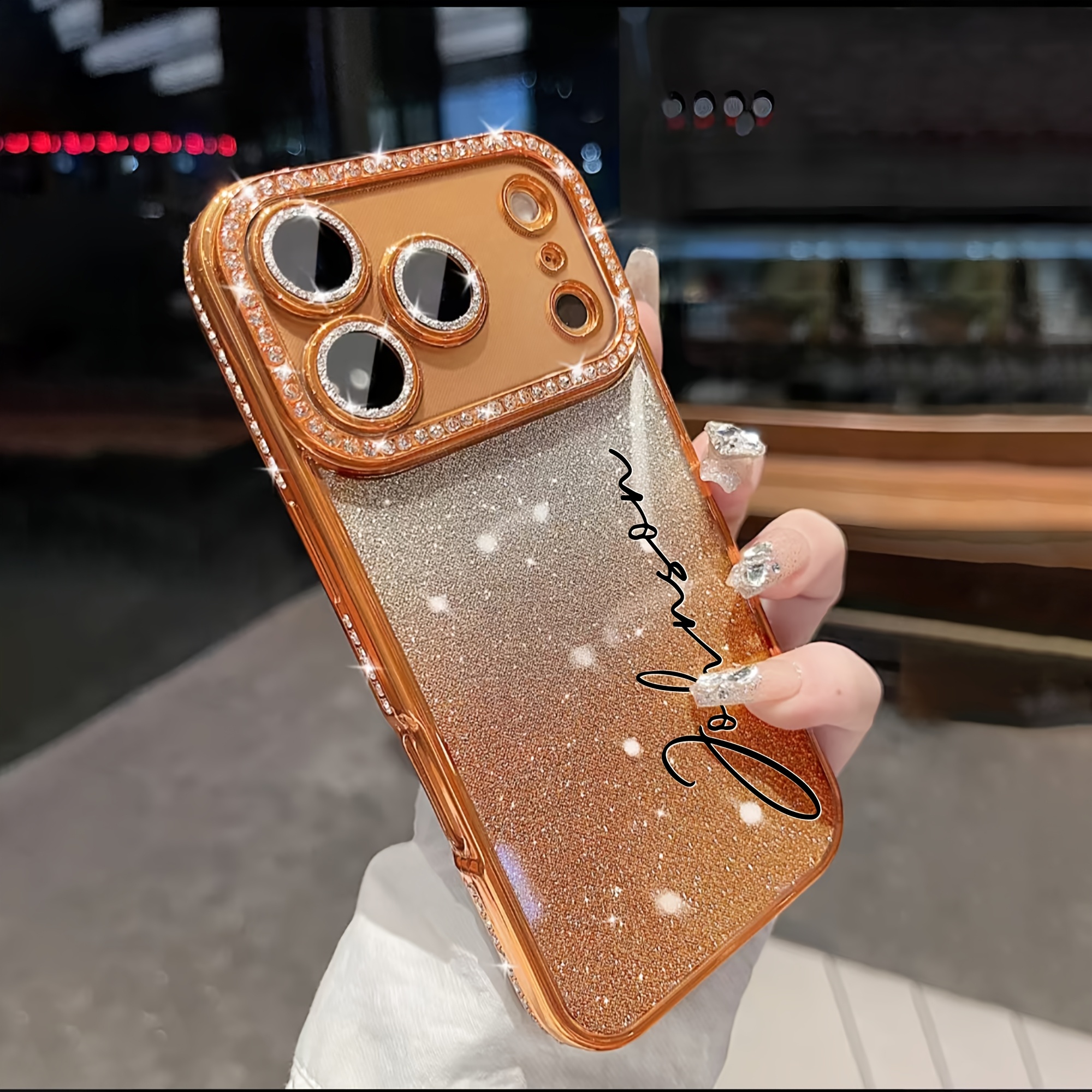 TEMU Phone Case: Luxury Tpu Anti Fall Shockproof Diy Couple Phone Case Thanksgiving Gifts Plus Personalized Custom Letters Name Starry Orange Flash