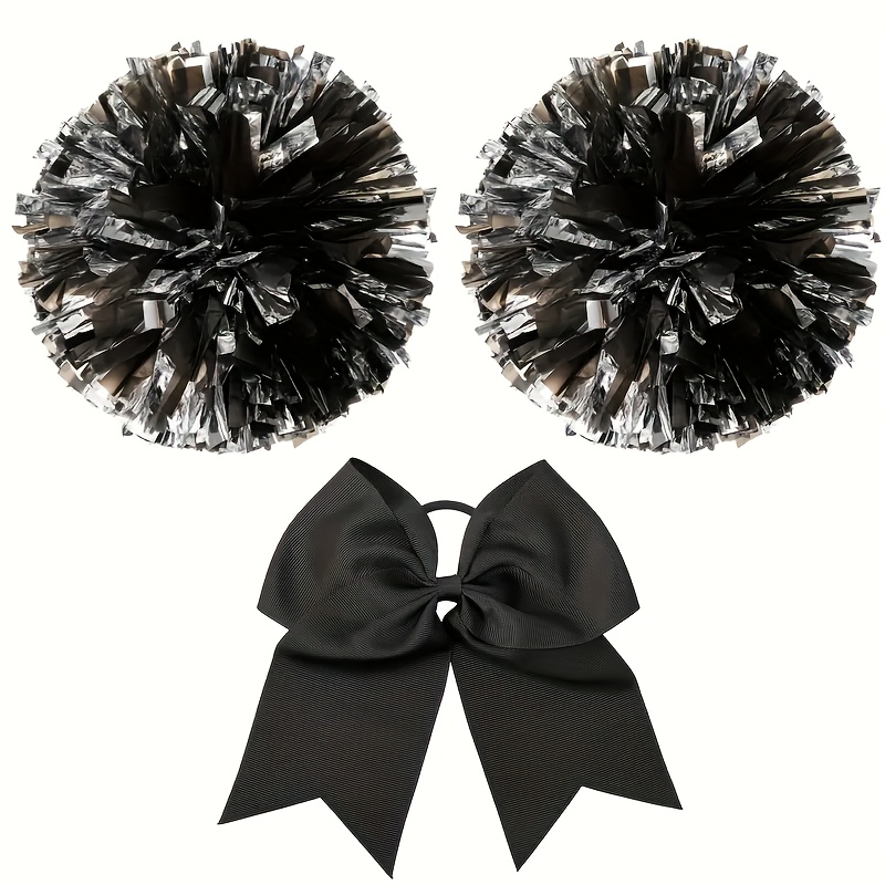 Image of Black Silvery Cheerleader Pom-pom With Colorful Flowers, Ring Style Black With Bow Team Sports Party Stage Headwear Cheerleading Supplies