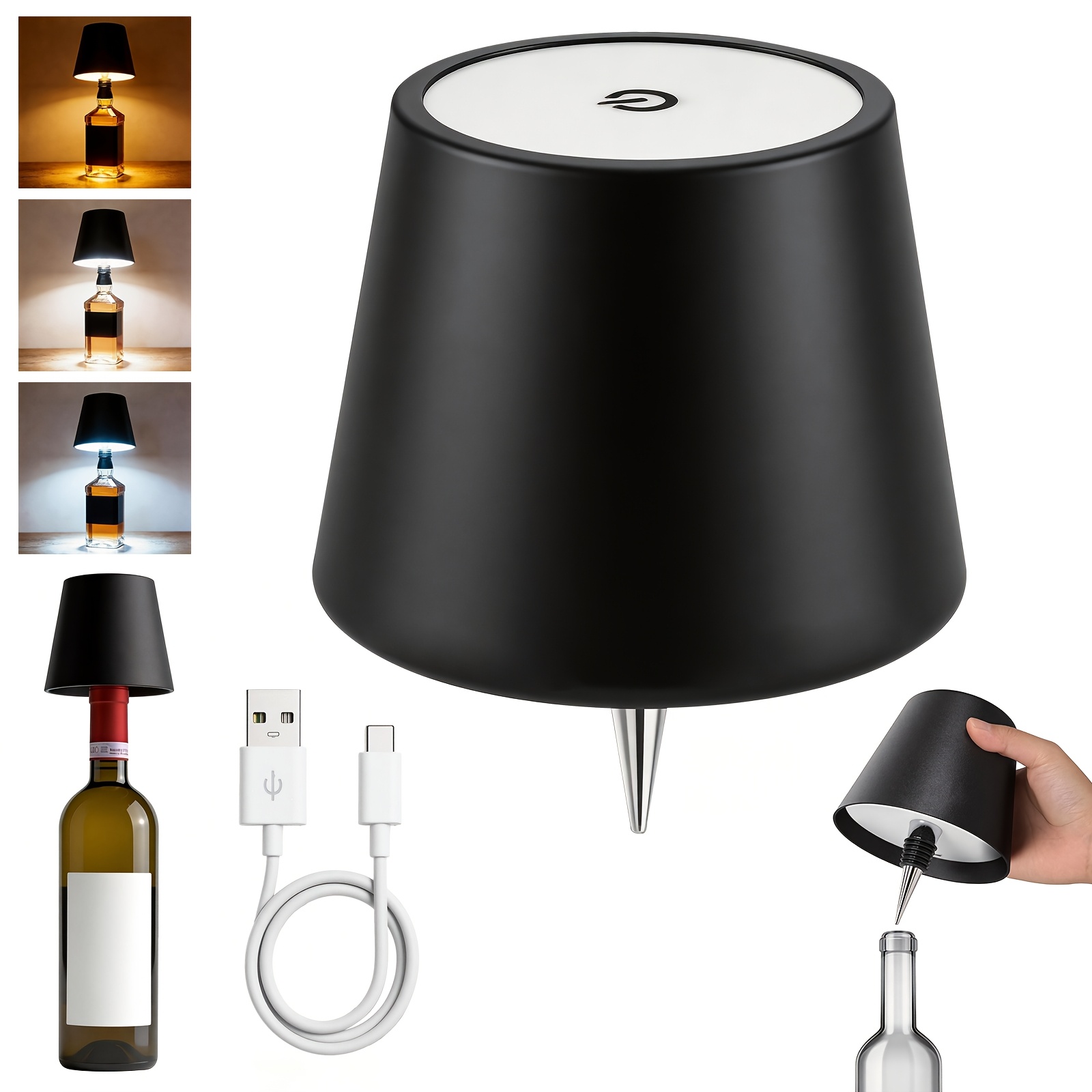 TEMU Wireless Led Bottle Lamp With Touch Control - Usb Rechargeable 2400mah, Ip65 Waterproof, 3 Color Changing Mood Light, Cordless Lampshade, Bottle
