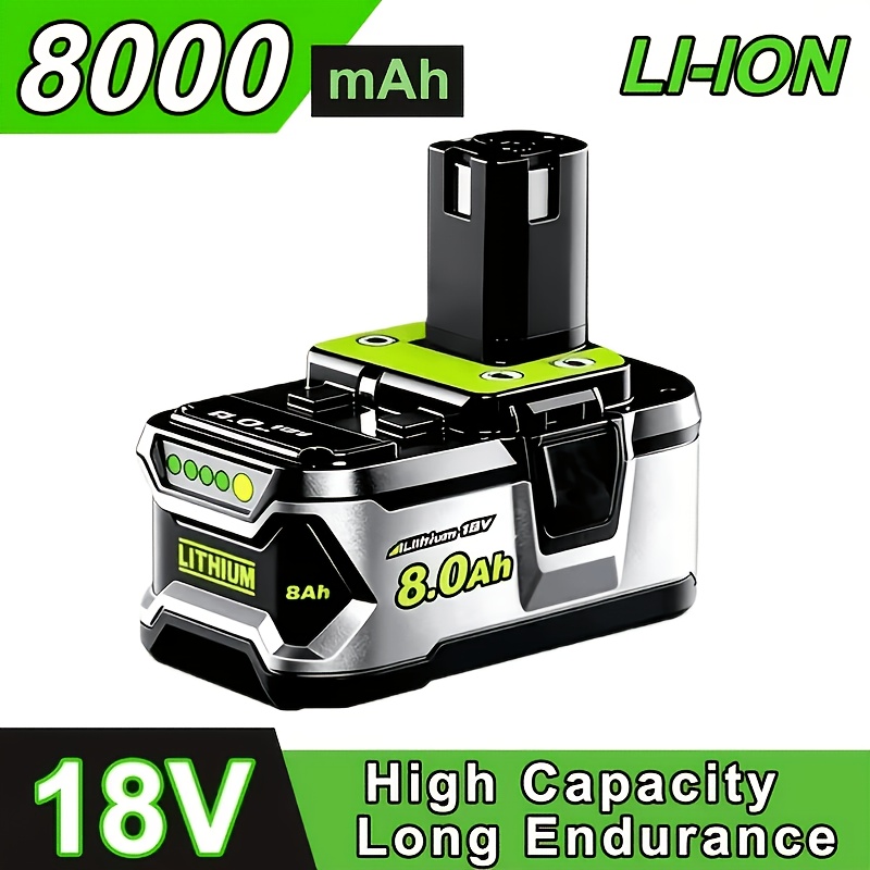 TEMU 1 Pack 8.0 Ah P108 High-capacity18v Lithium-lon Battery, Compatible With Ryobi P104 P105p107 P108 P109 P122 | Rechargeable, Metal And