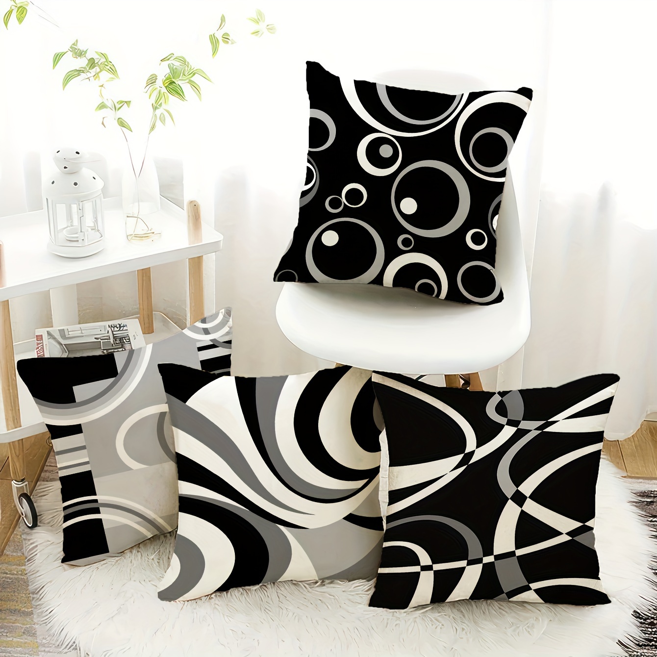 

4pcs, Short Plush Pillow Cushion Cover Cushion Cover Pillow Cover Ultra Soft Single-sided Printing18in*18in Simple Black Stripes Sofa Car Cushion No Pillow Core