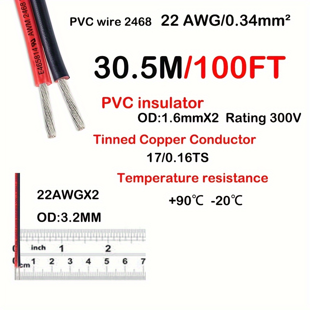 Ul 2468 18 20 22 24 Awg Pvc Electrical Wire 2 Conductor - Temu