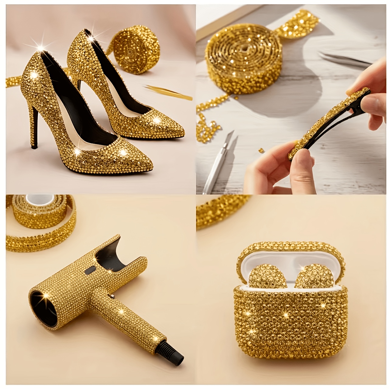 4 Rolls Sparkling Golden Rhinestone Trim for Decoration
