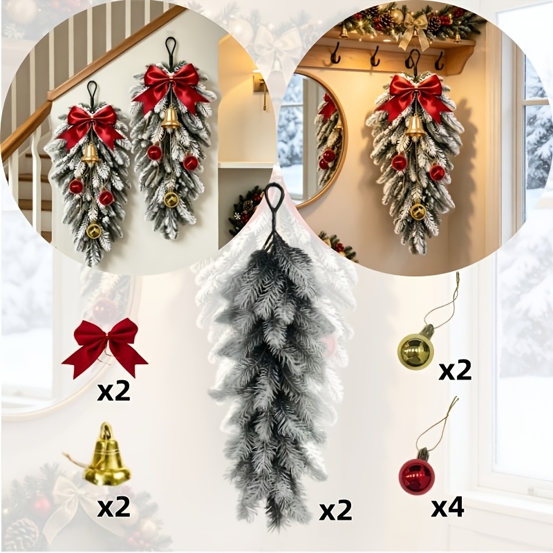 TEMU 2pcs Luxury Set (includes Christmas Artificial Norfolk Pine With Red Bow And Golden Bell And Sparkling Red Golden Ornaments) - Christmas Decor