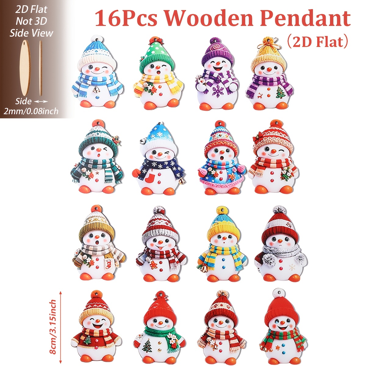 TEMU 2d Flat, 16pcs, Cartoon Snowman Wooden Pendants, Christmas Tree Hanging Decorations, Merry Christmas Party Decoration For Home, Xmas Decor, Noel