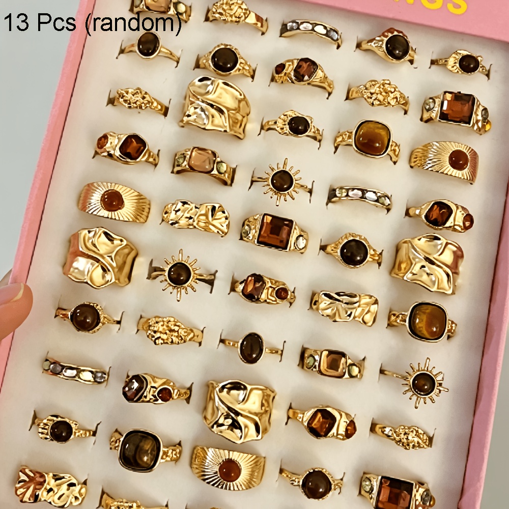 TEMU 7/13pcs Set Of Irregularly Shaped Rings, Elegant And Luxurious Mixed Styles, Open-ended Rings For Parties, Weddings, And Daily Wear, Finger