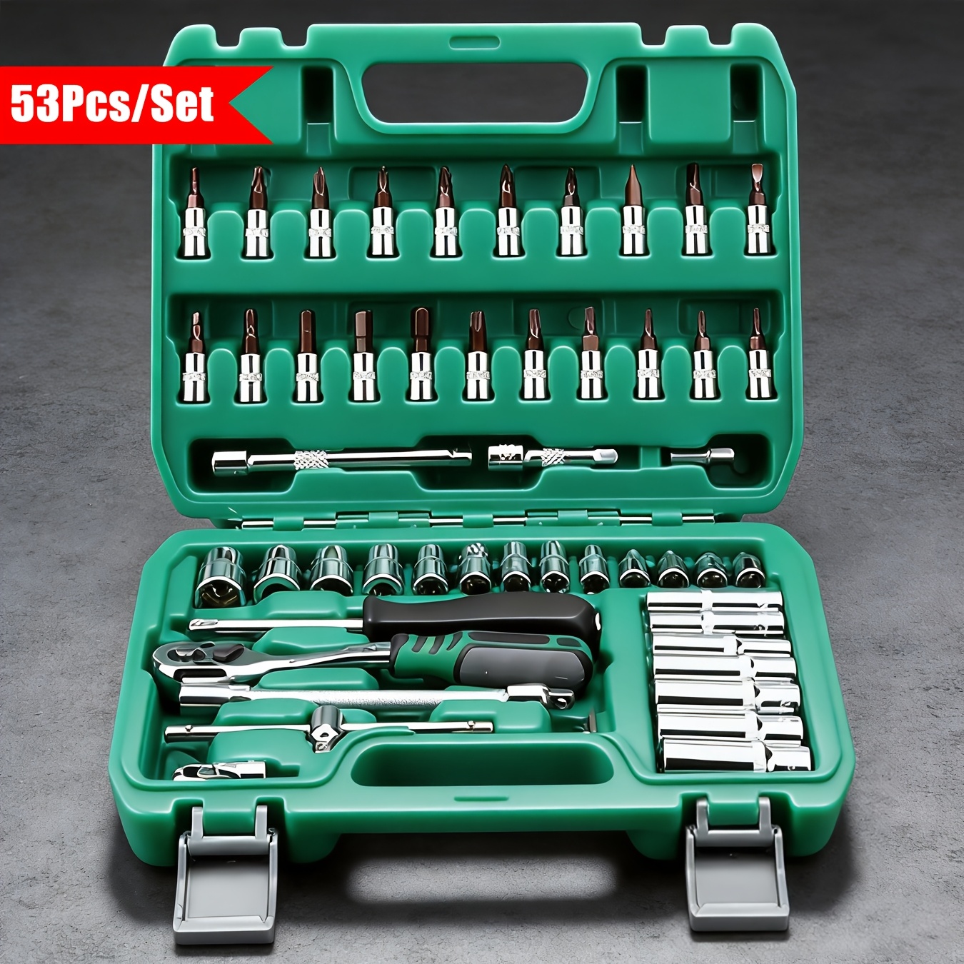 TEMU Set di Utensili Professionali Gamma 53 Pezzi, Chiavi a Cricchetto 1/2" e 1/4", 3/8" con Dadi e Bussole Standard, Chiave Dinamometrica, Kit per