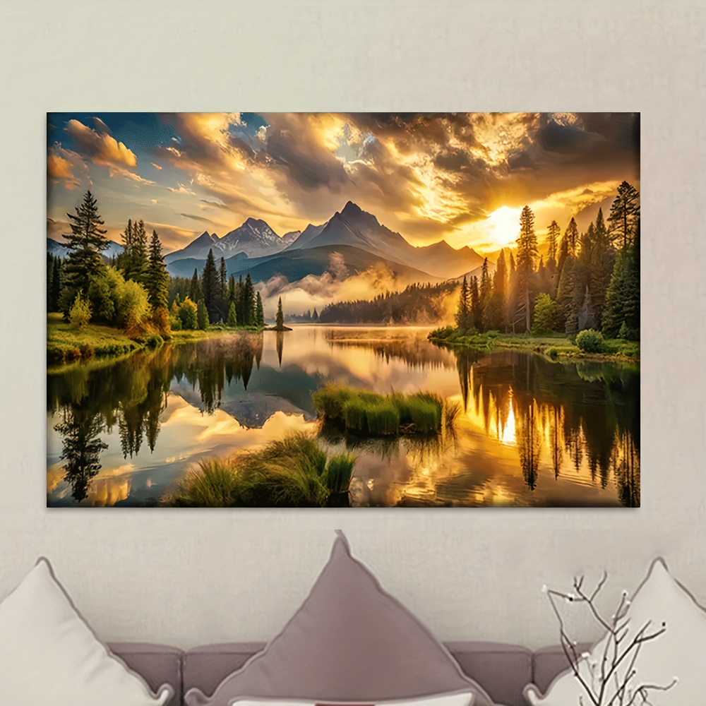E-shop Ungerahmte Leinwand-Wandkunst - Ruhevolle See- und Berglandschaft Abstrakte Malerei, Vertikales Naturthema Poster für Wohnzimmer, Büro, Bar,