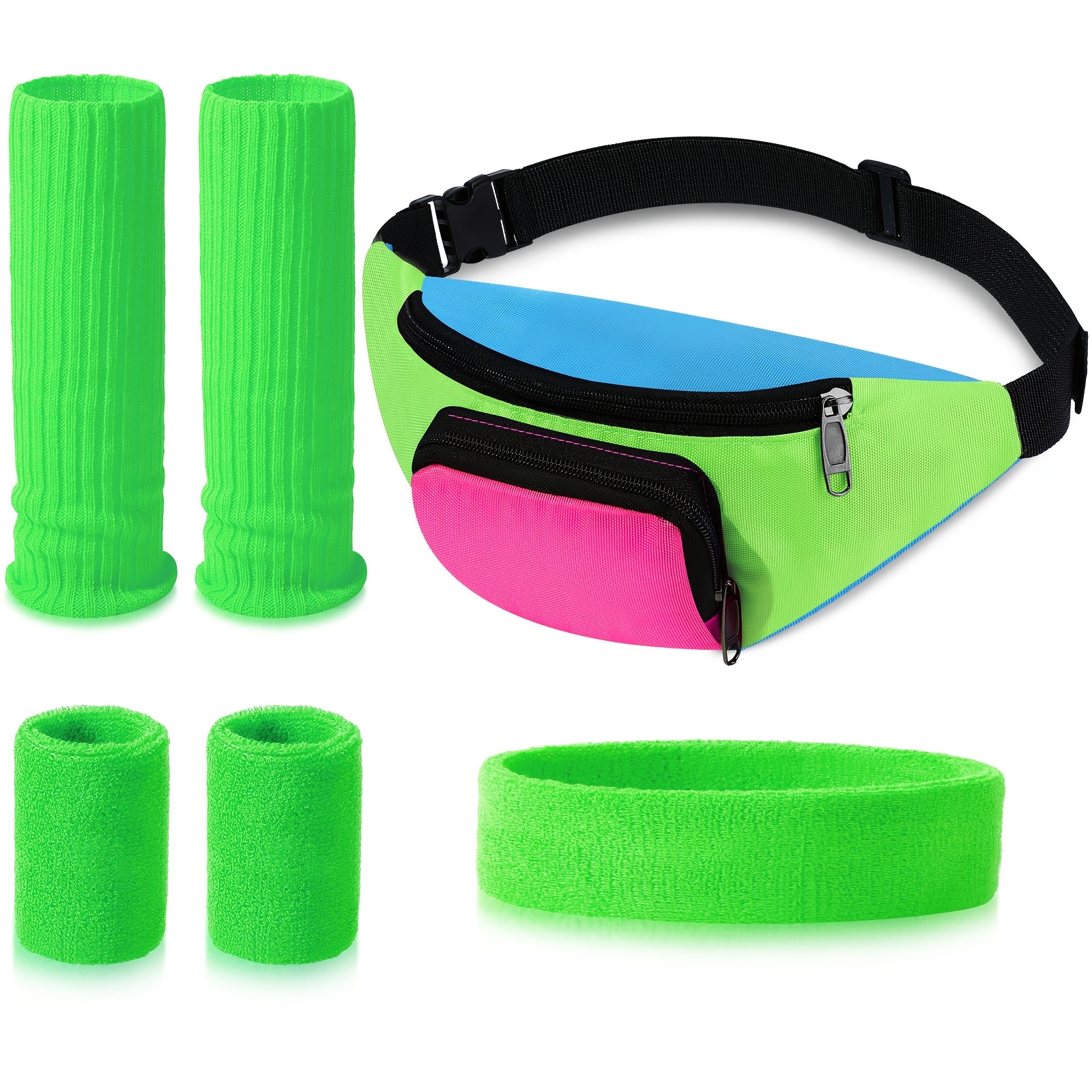 Heyu-Lotus Costume Années 80 Pour Femme - 10 Accessoires Fluo : Bandeau, Bracelets, Boucles, Collier, Banane, Jambières, Lunettes