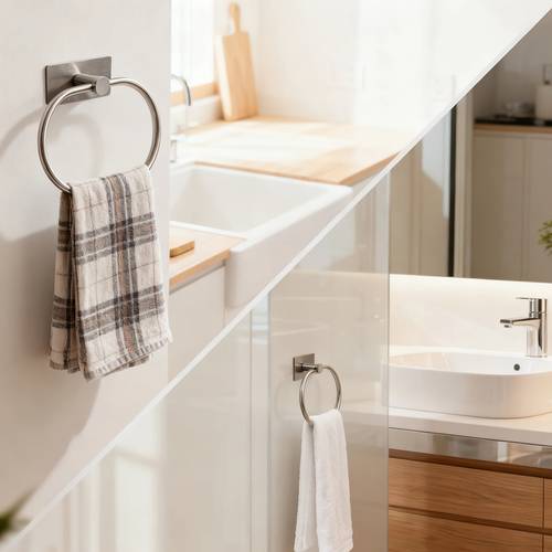A Towel Ring Holder, Suitable for Bathrooms, Kitchens, Apartments, and Rental . Features Strong Self- , No-drill Wall-mounted Installation, ° Rotation, Easy Setup, and Multiple Color . A Versatile Bathroom Storage Solution