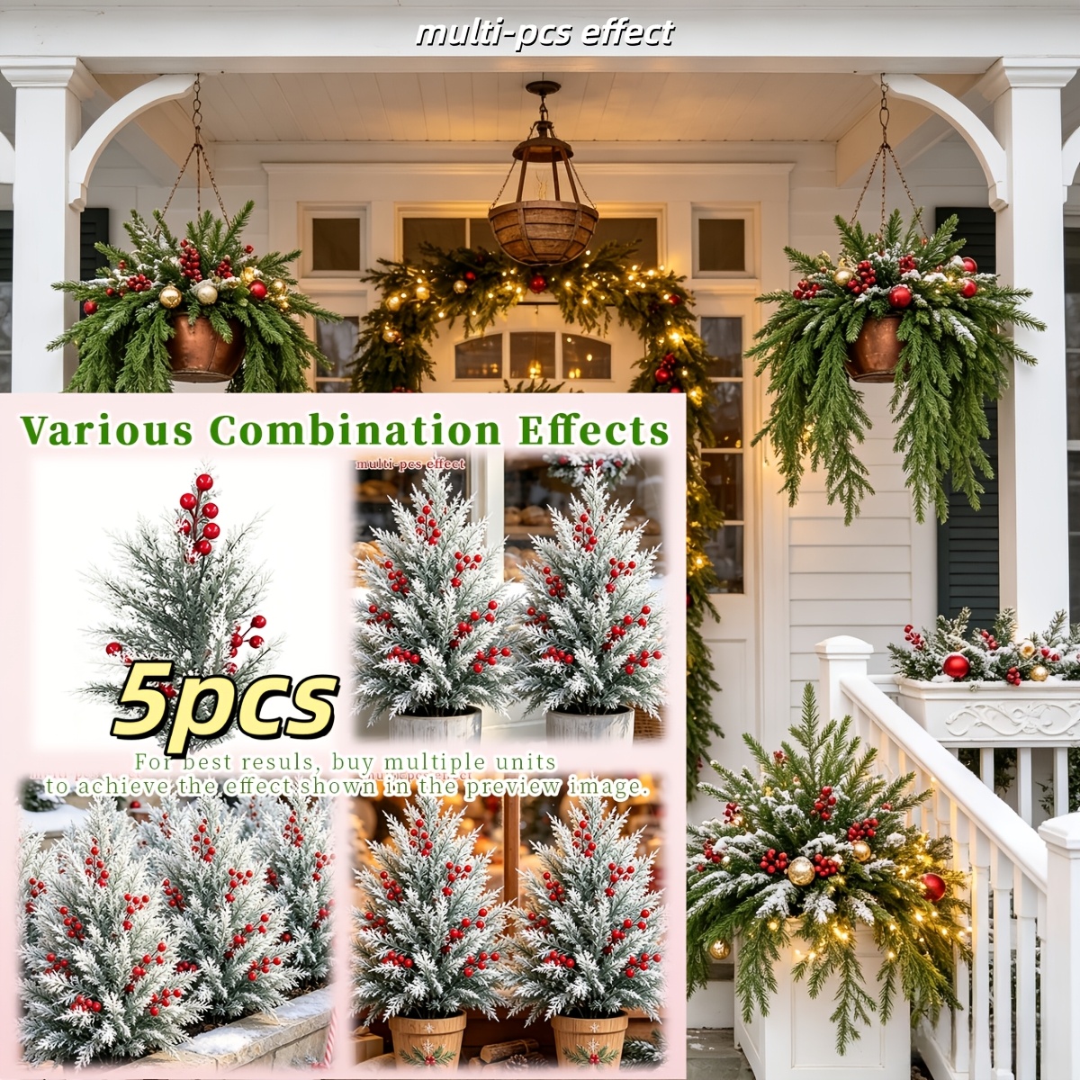 TEMU 5pcs Elegant Artificial White Gray Pine Needles With Red Berries, Realistic And Beautiful Fake Flowers, Suitable For Home Decor Items, Doorway