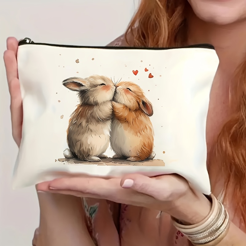 

1pc Rabbit Polyester Makeup Bag, Lightweight Foldable Travel Cosmetic Pouch, Double-sided Print, Multi-functional Large Capacity, Ideal For Easter, , Festival & Birthday Gifts