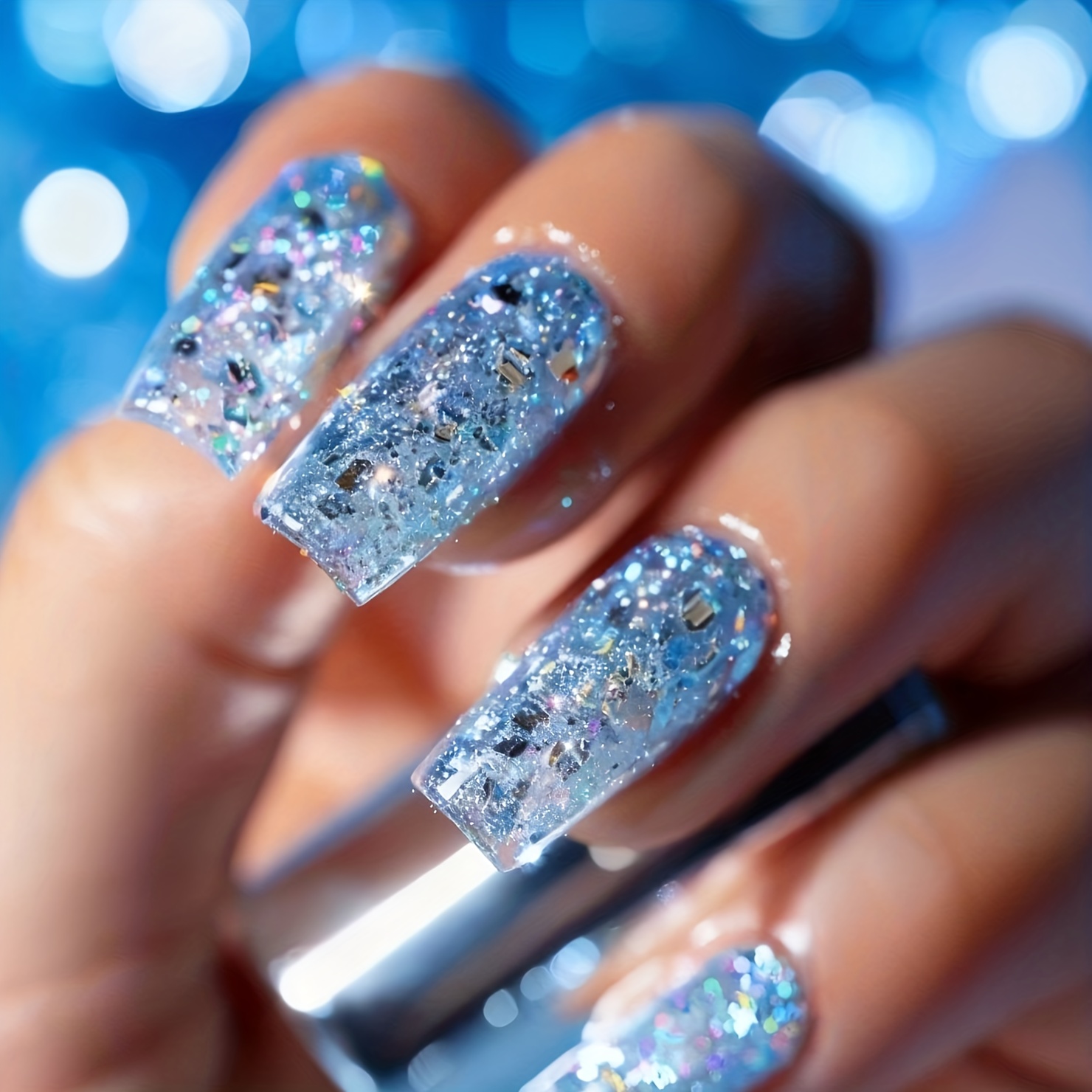 TEMU 24pcs Faux Ongles Carrés Moyens, Poudre de Paillettes Bleu Transparent Glace, Design d'Ongles à , Patch d'Ongles à Paillettes Ongles Faux