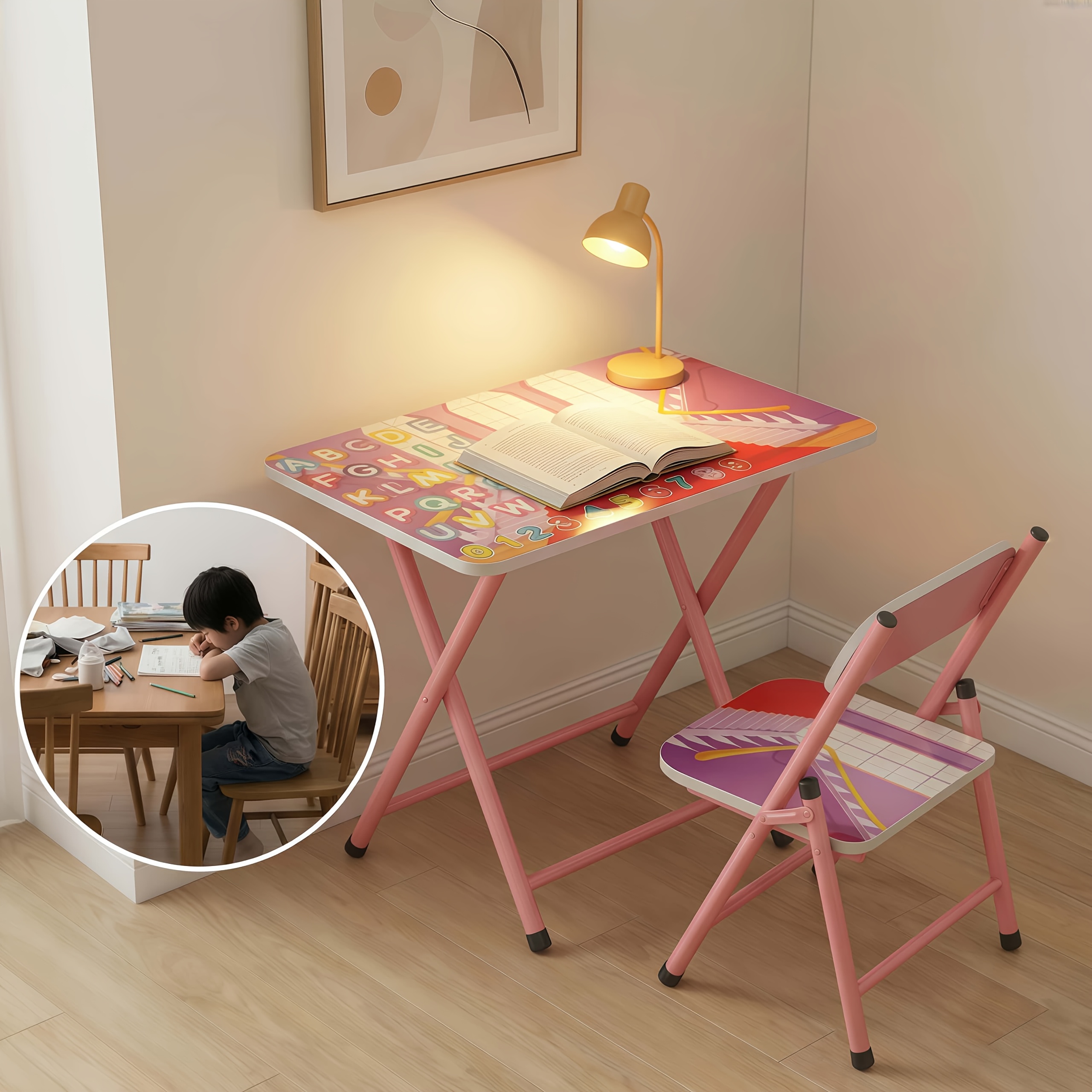 Small Classroom Desk And Chair Set Suitable for Students 3-18 Years Old Youngsters's Study Table Primary School Students Writing Homework Book Table Foldable Home School Desk And Chair Set