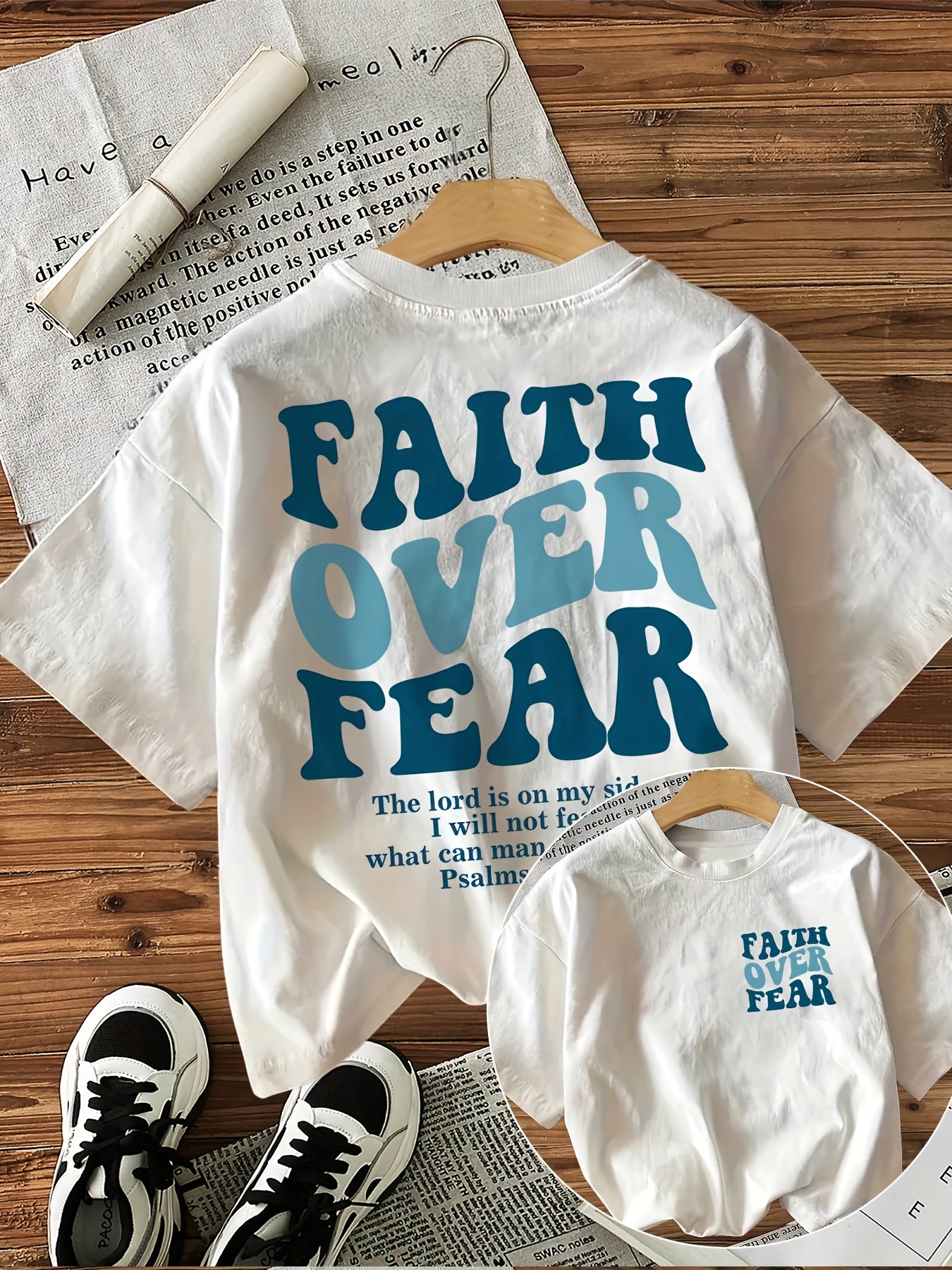 doppelseitig bedrucktes frühlings-/sommer-casual-damen-oberteil, minimalistischer stil faith over letter print kurzarm-rundhals-mode-t-shirt