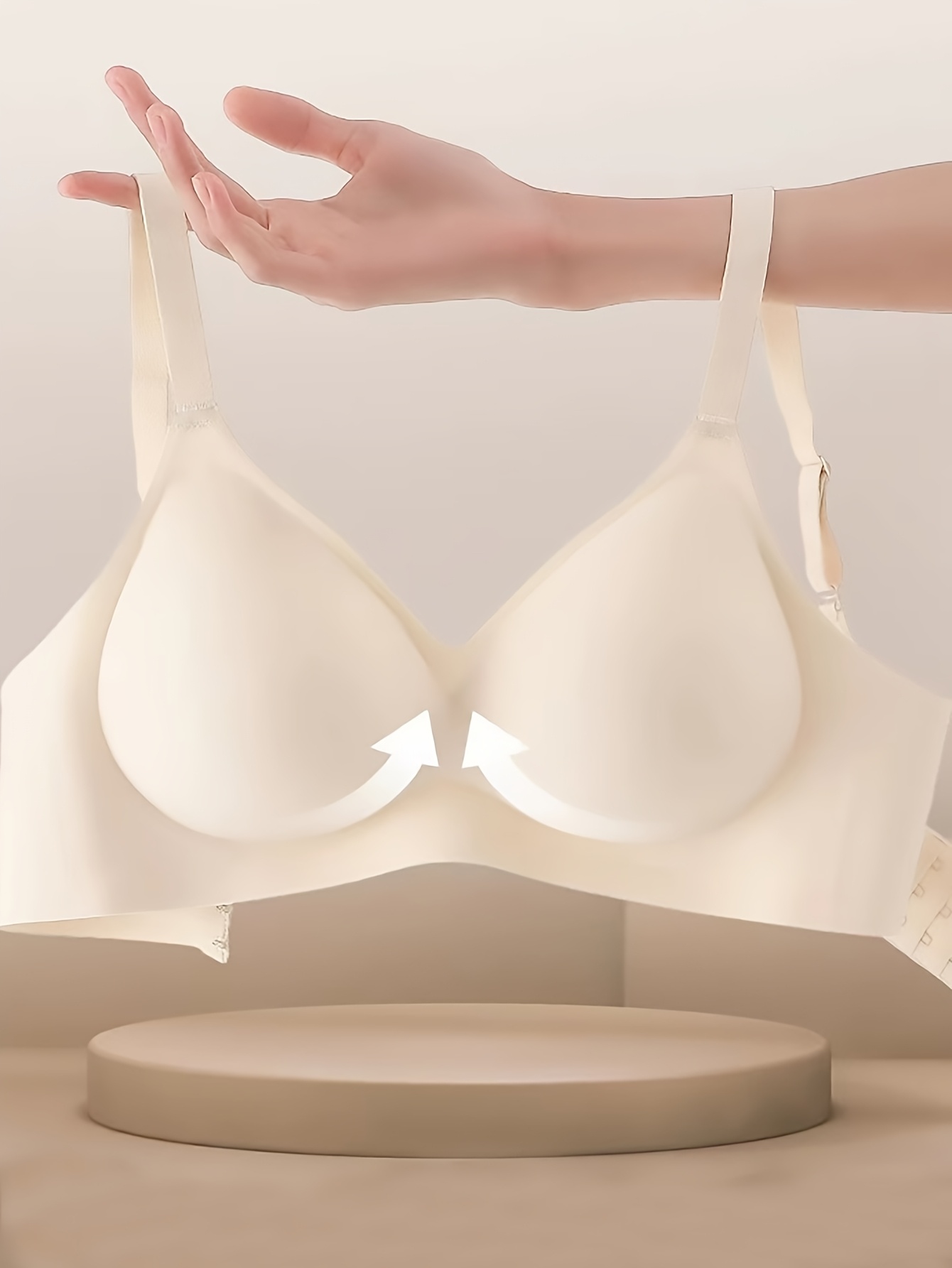 Women's Push-Up Bra with Palm Support Cups - No Underwire, Seamless Lift & Soft Uplifting Design for Small Chest, Adjustable Straps, Fan-Shaped Details, Beige, Hand Wash Only