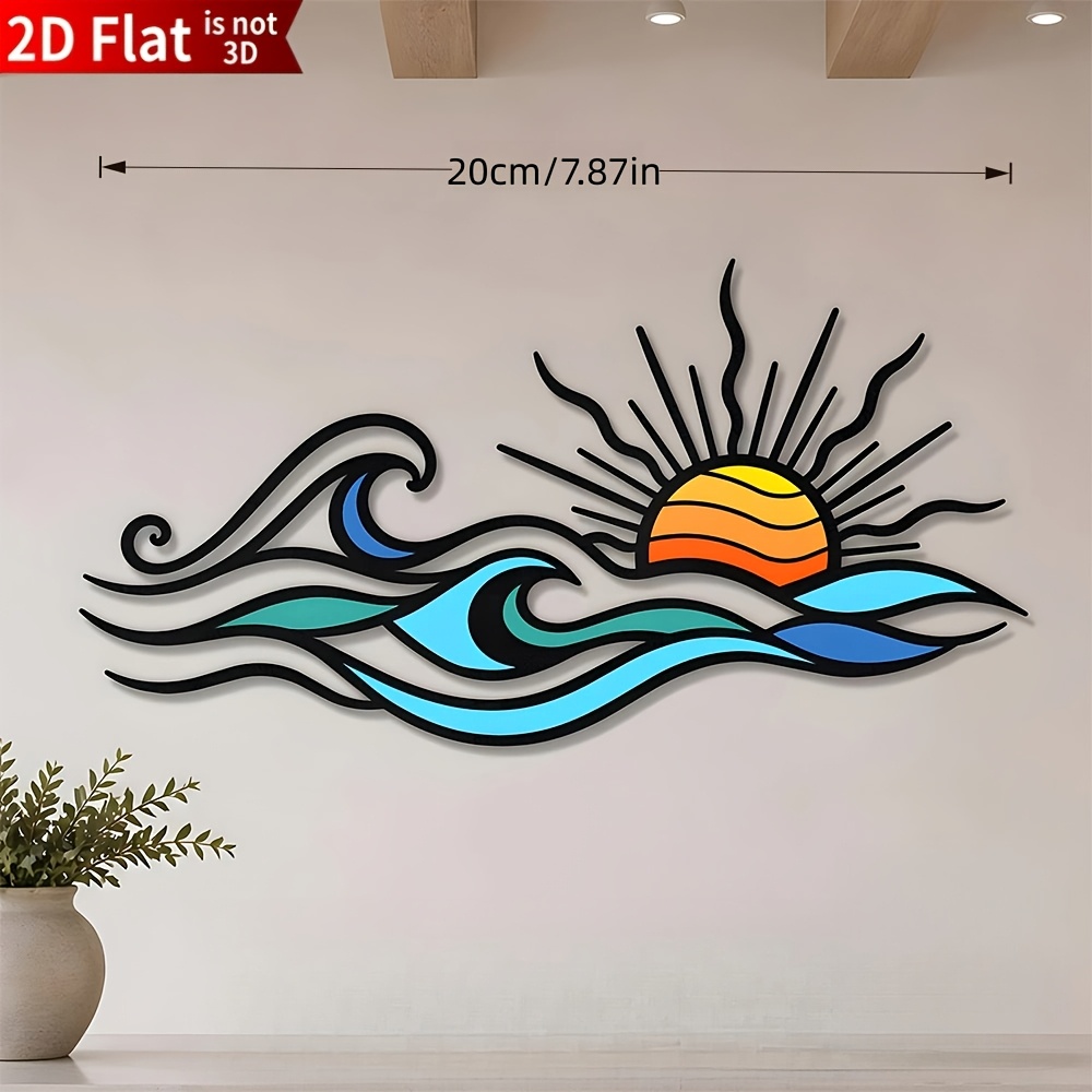 TEMU 2d Flat, 1pc Horizontal Ocean Wave & Sunset Wall - Coastal Plastic Hanging Decoration Suitable For Indoor/outdoor, Beach-themed Suitable For