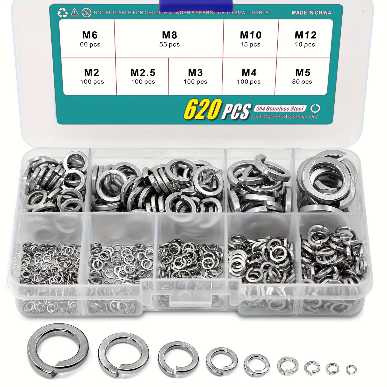 

620pcs 304 Stainless Steel Spring Lock Washers Assortment Kit, 9 Sizes M2 M2.5 M3 M4 M5 M6 M8 M10 M12