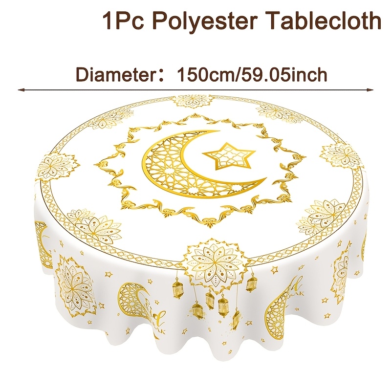 1pc Tablecloth, 150cm White Golden Ramadan Polyester Round Table Cloth, Star Moon Lantern Design Eid Party Tablecovers, Ramadan Decorations For Home, Dining Table Decoration