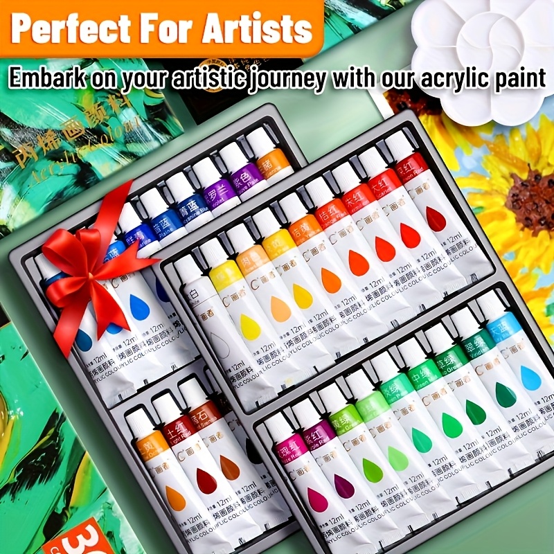 sets of acrylic paints in 12 24 or 36 colors that do not fade ideal for       wood canvas rocks ceramics clothing and murals