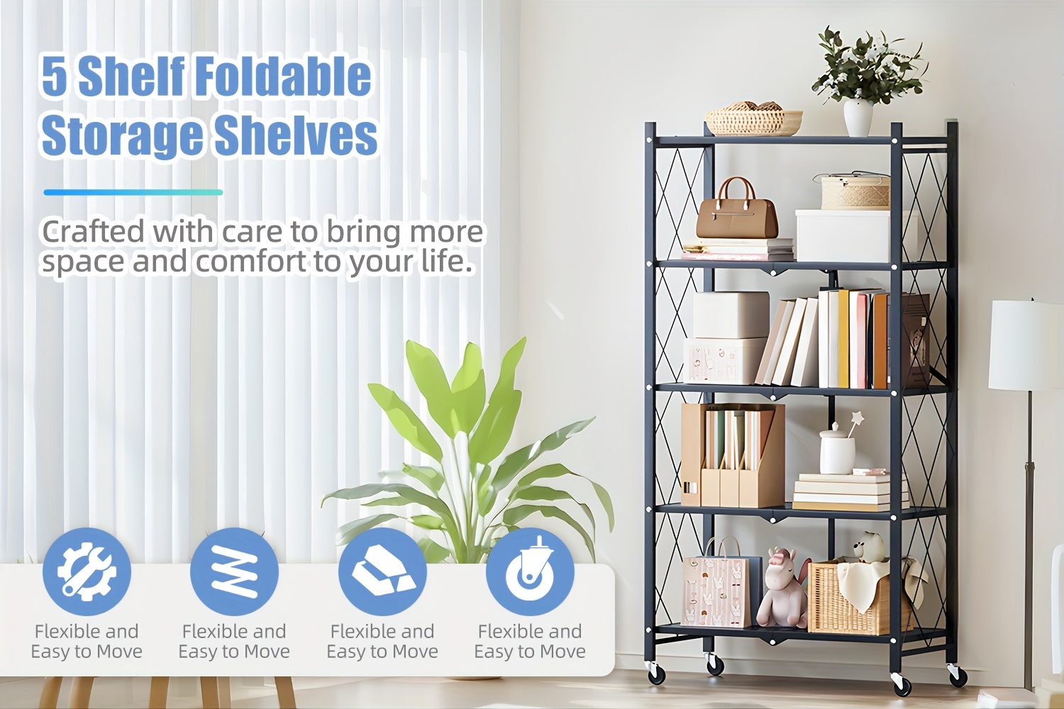 Étagère De Rangement Pliable 5 Niveaux, Étagère Métallique Avec Roulettes - Unité De Rangement Pliable, Chariot Roulant Pour Livres, Cuisine, Garde-Ma