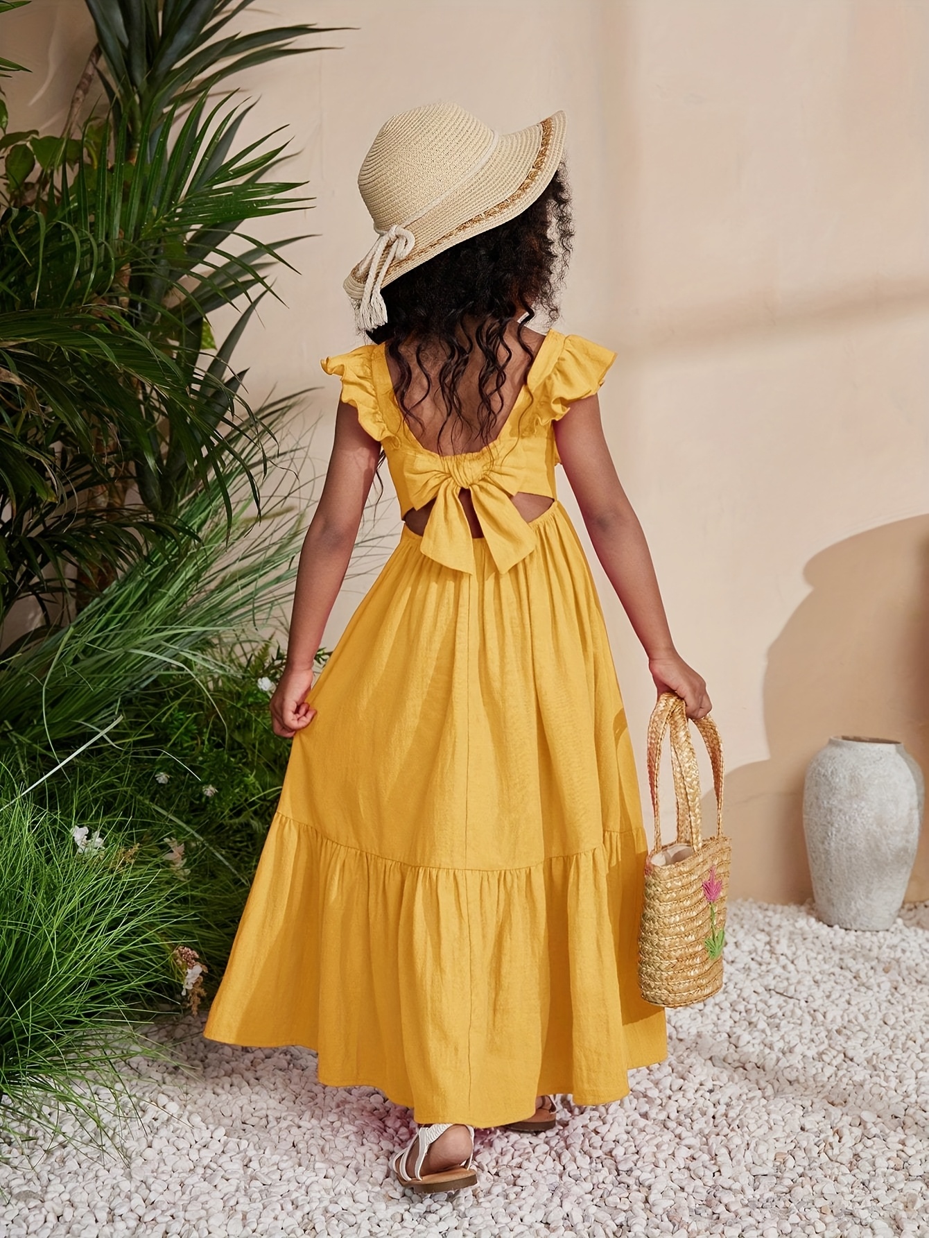 KIDS Tween Girls, Young Girl * Music Festival Jacquard Monochrome Square  Neck Sleeveless Long Dress, Ruffle Sleeve, Back Bow Detail, Non-Stretch ...