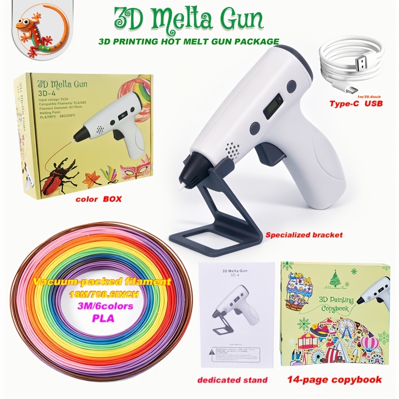 TEMU Stylo d'impression thermofusible 3D pour dessin à , compatible avec les consommables PLA/ABS, présentoir à 3 niveaux, 3 mètres, 6 couleurs, 18
