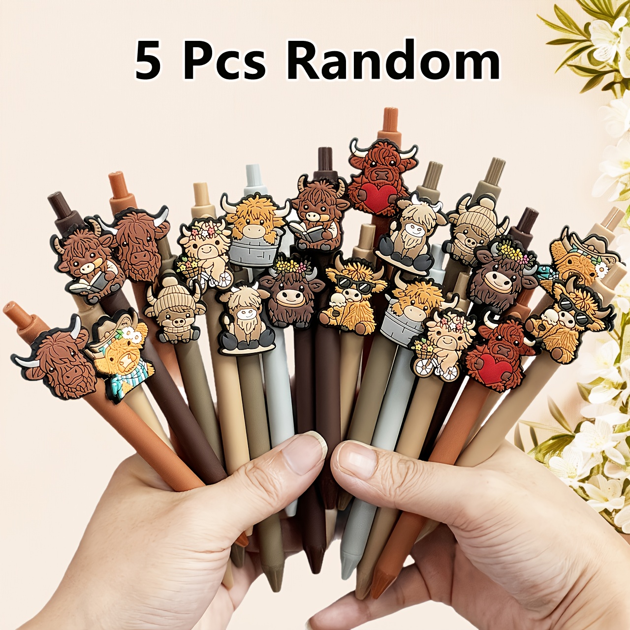 TEMU 5/10/20pcs Cute Highland Cow Print Pens, Black Ink Retractable Highland Cow Pen Set, Cartoon Highland Cow Gift , Home, Office Stationery, Themed