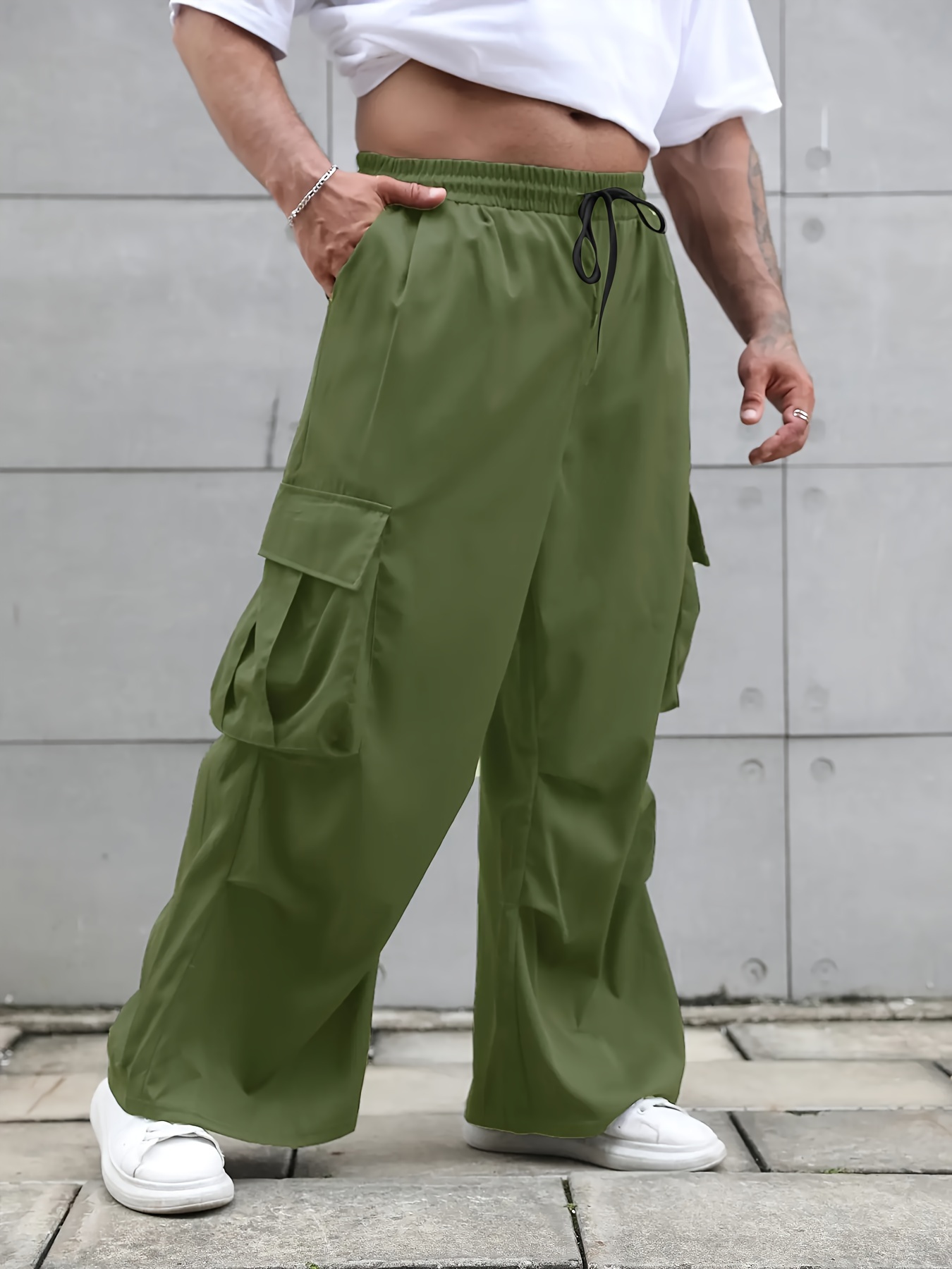 Plus Size *'s Cargo Pants Loose Fit Straight Leg with Multiple Pockets  Tan Non-Stretch Fabric, Adjustable Drawstring Waist Ankles for All
