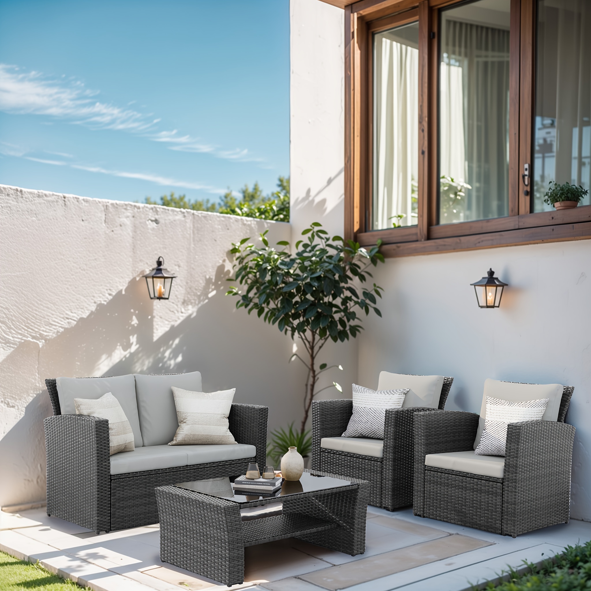 

4-piece Grey Patio Rattan Furniture Set - Comfortable Cushioned Sofa, Sturdy Coffee Table, , Weather-resistant, Ideal For Garden Lawn , Sell Matching Sofa Covers