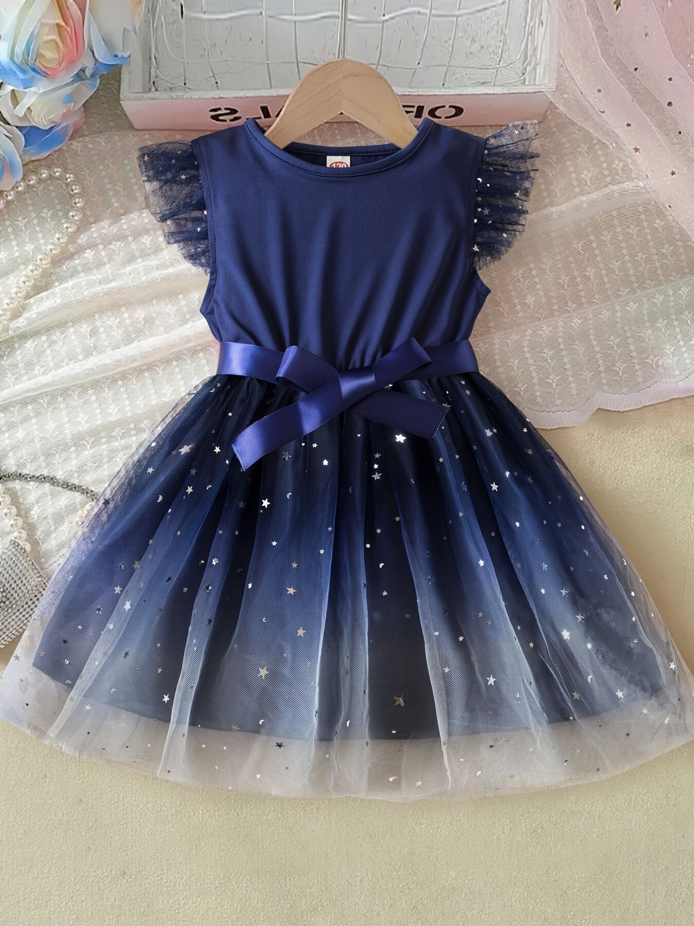 girls summer ruffle flutter sleeve dress cute star sequin - Temu
