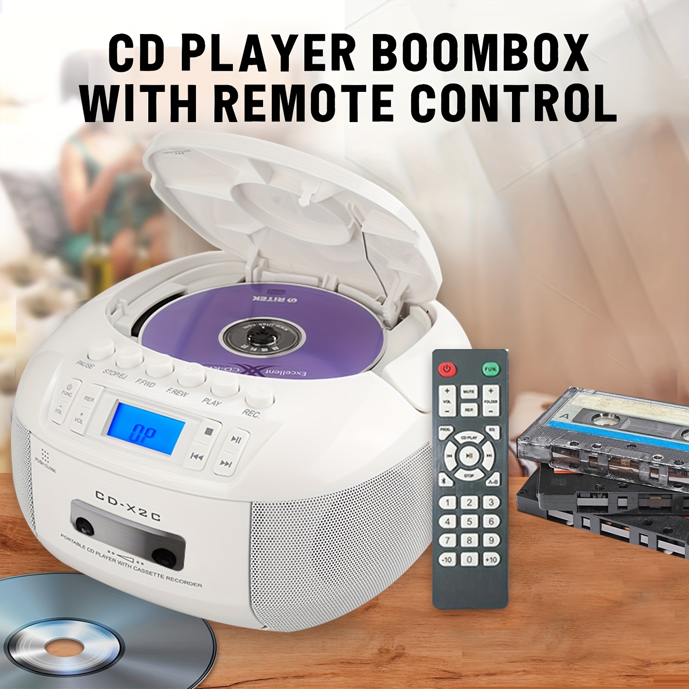 m amazup multifunctional cd player with wireless fm   cassette tape usb a b repeat audio input remote control stereo speakers headphone jack backlit display portable hard drive non rechargeable battery us plug 110 130v power supply details 0