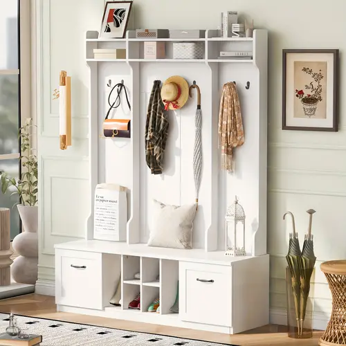 5 in 1 entryway bench with coat rack 7 sturdy hooks 2 drawers and adjustable shelves 58 8 wide hall tree with metal handles for hallway entryway living room