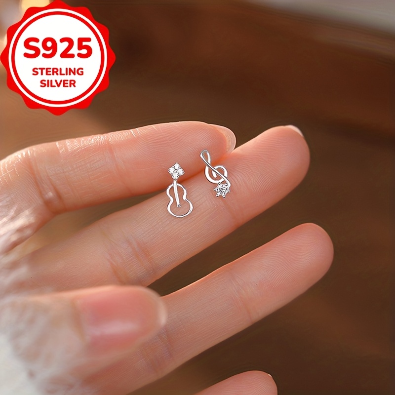 Women's S925 Silver Violin Note Asymmetrical Stud Earrings