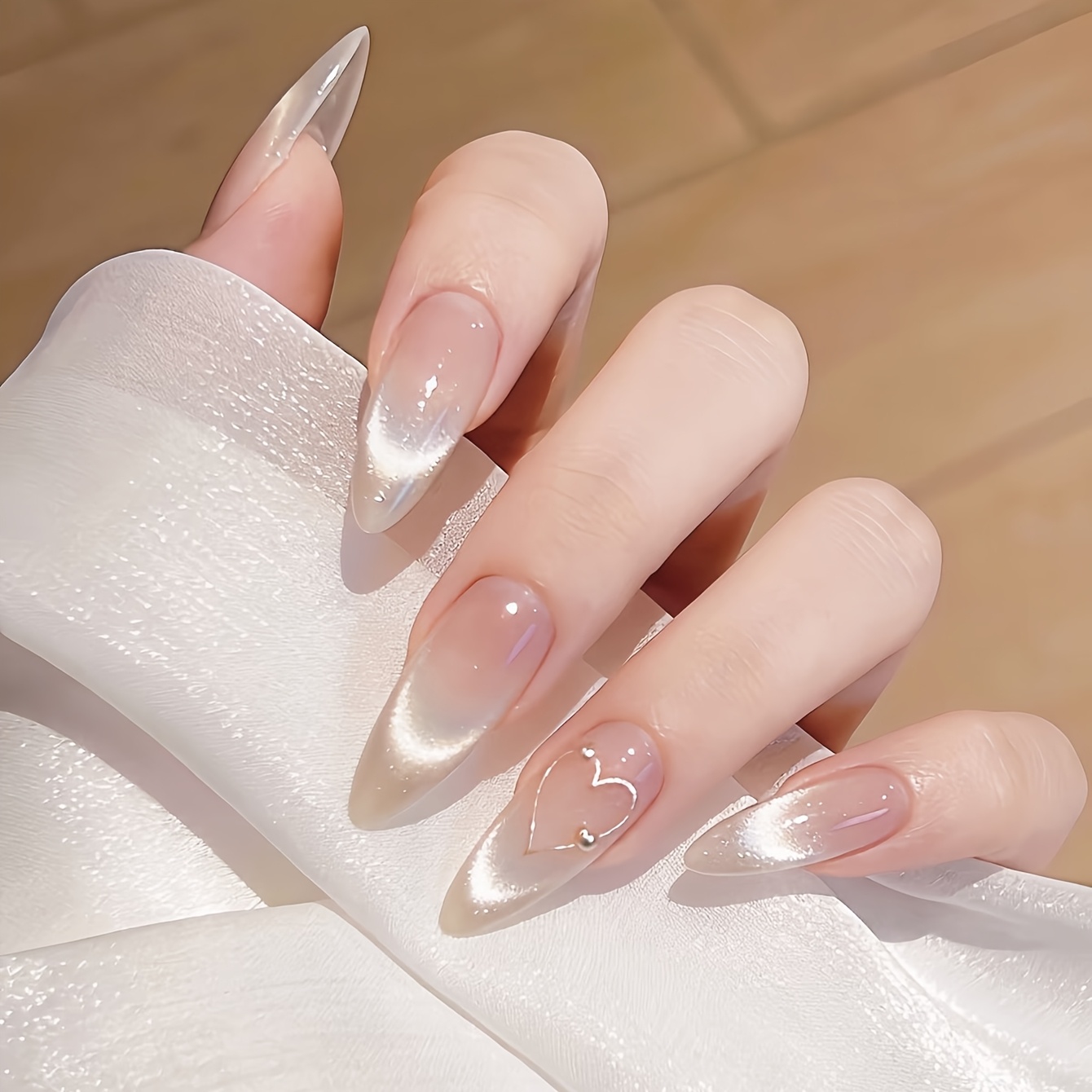 24pcs of pink ombre cat eye nail stickers medium almond shape cat eye lines heart designs 3d silvery decorations minimalist style   full coverage false nails suitable for women and for daily wear category press on false nails