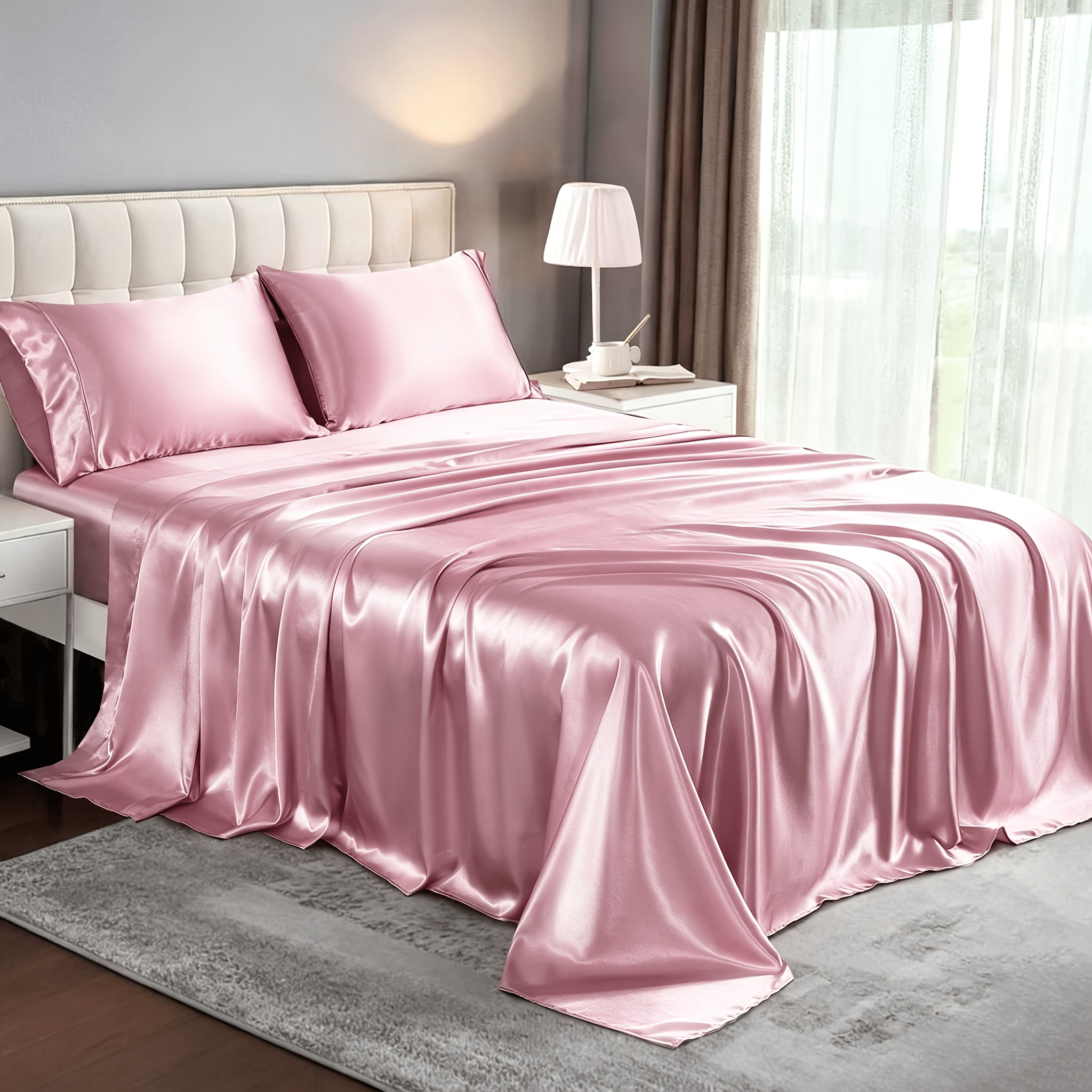 TEMU Parure de draps en satin rafraîchissant, douce et hypoallergénique avec un semblable à un nuage, respirante, drap-housse avec poche profonde de