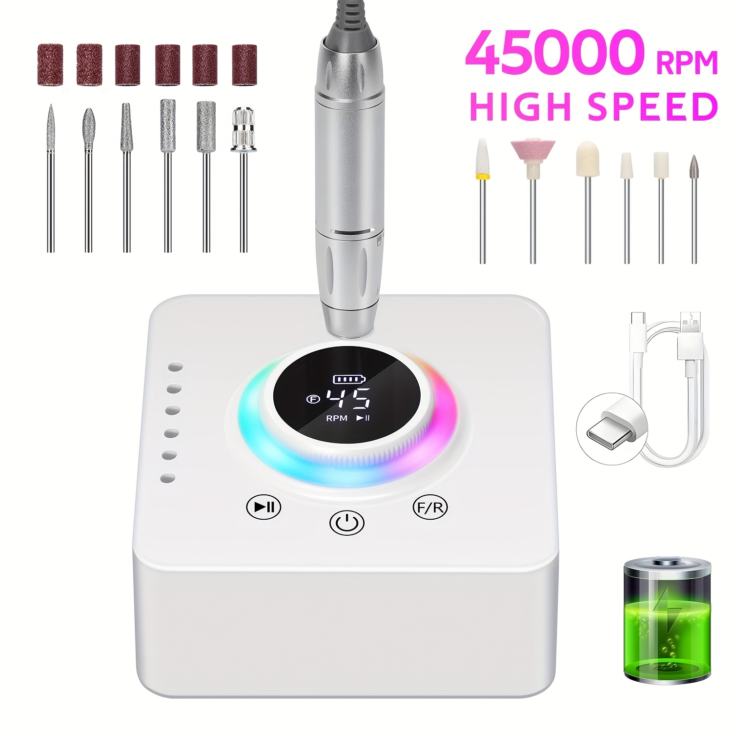 Image of Dianabeauty Professional Electric Nail Drill Machine With Lcd Display - Rechargeable Nail Sander, 45000rpm Motor, Brushed Motor & Gel Polish Removal For & Salon Use (no Adapter Included)