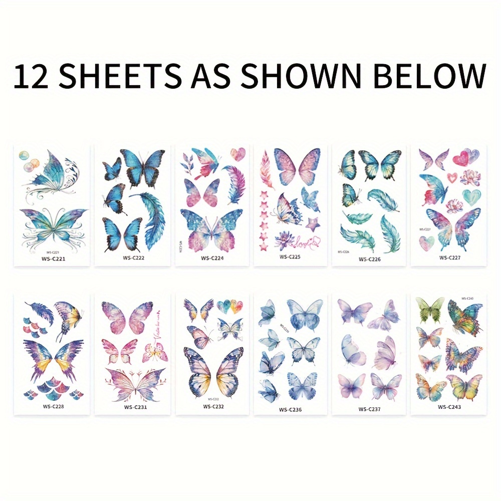 Image of 12pcs Sparkling Dopamine Temporary Tattoos | Vibrant & Pastel Colors With Floral & Feather Patterns | Ideal For Summer Beach Parties & Evening Events | Glittery Face Makeup Stickers