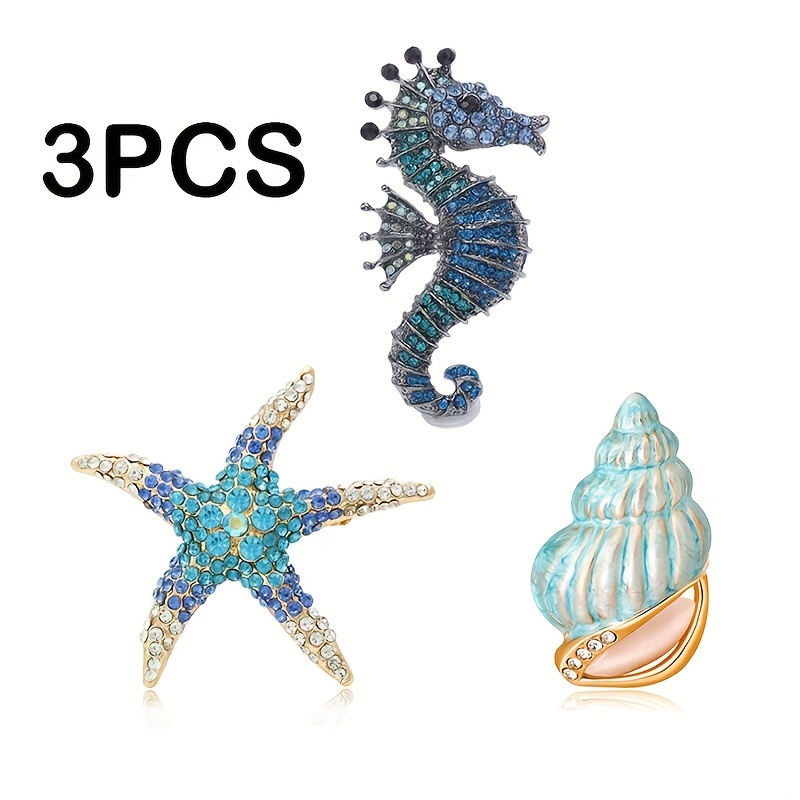 TEMU 3pcs Blue Ocean Animal Seahorse Starfish Shell Rhinestone Brooch Setchristmas Gift