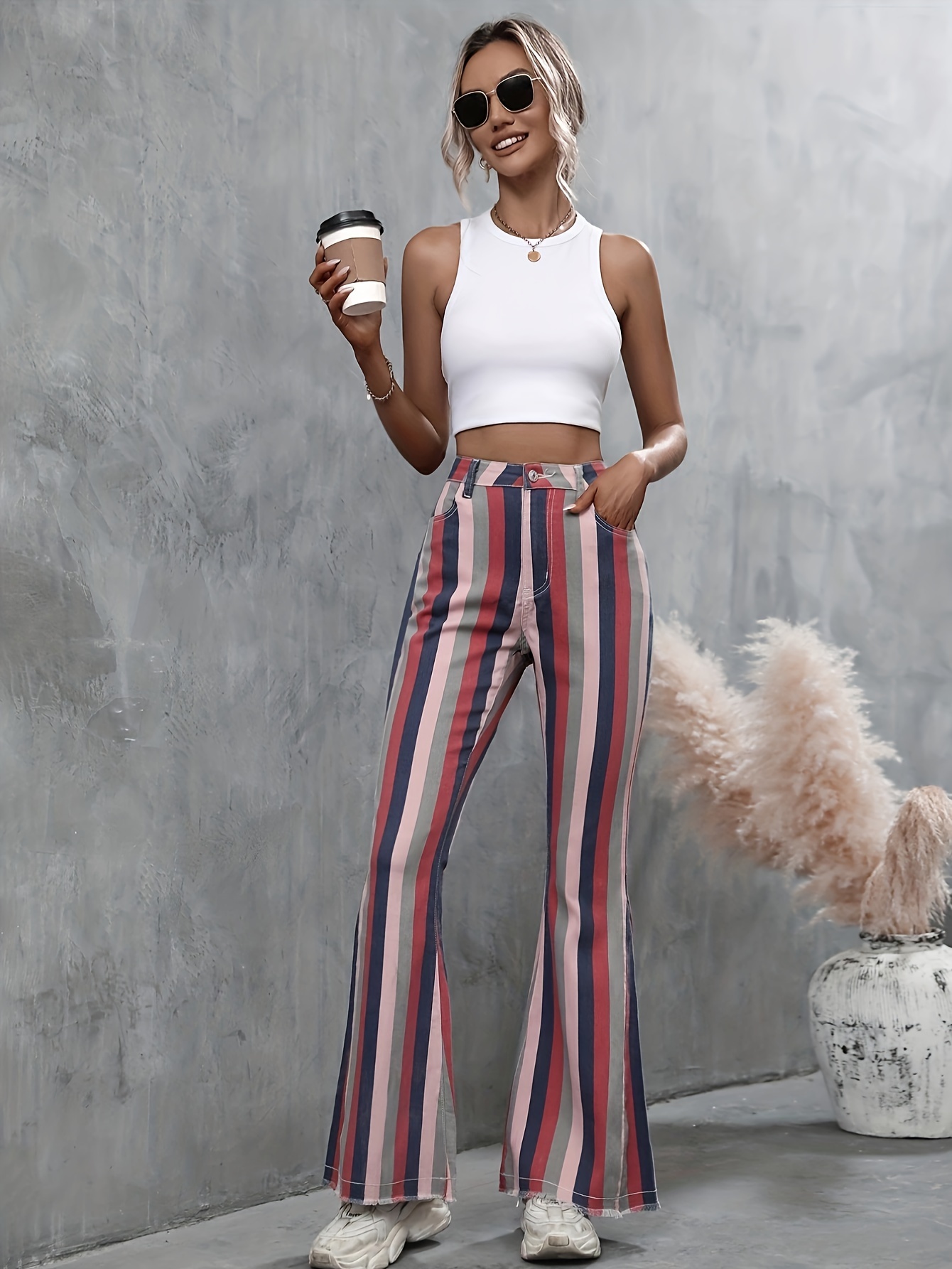 striped print multicolored flare jeans, hem high stretch high waist bell  bottom jeans, women's denim jeans \u0026 clothing | Today's Deals | Temu  Netherlands