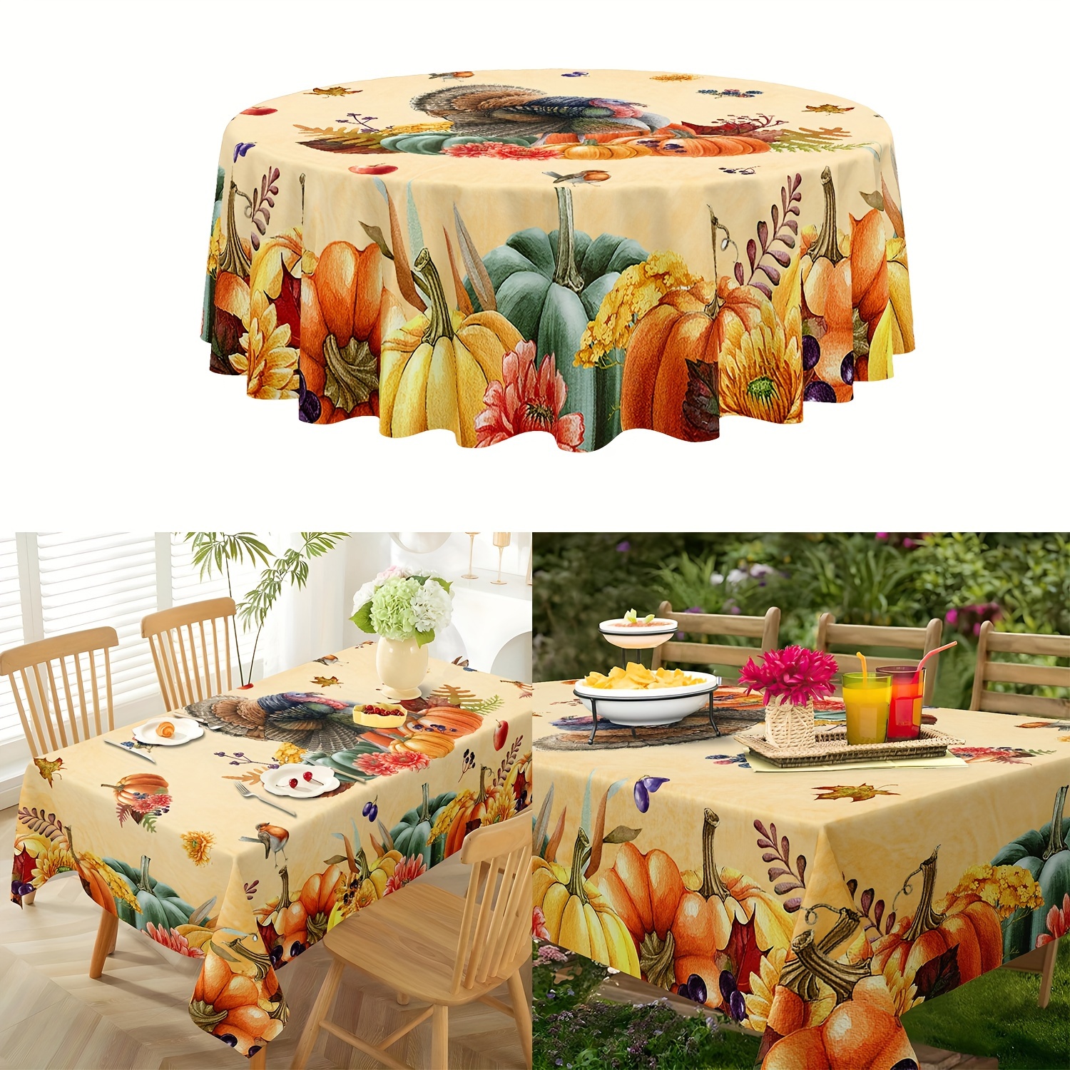 

Vintage Thanksgiving Turkey Tablecloth - Waterproof & Oil-proof, Washable Polyester Cover With Pumpkin & Harvest Design For Dining Decor