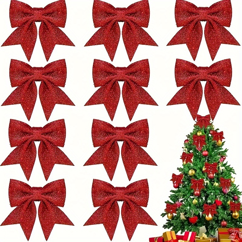 

12 Pcs Red Glitter Christmas Bows - Christmas Tree Decorations For Parties And Gifts