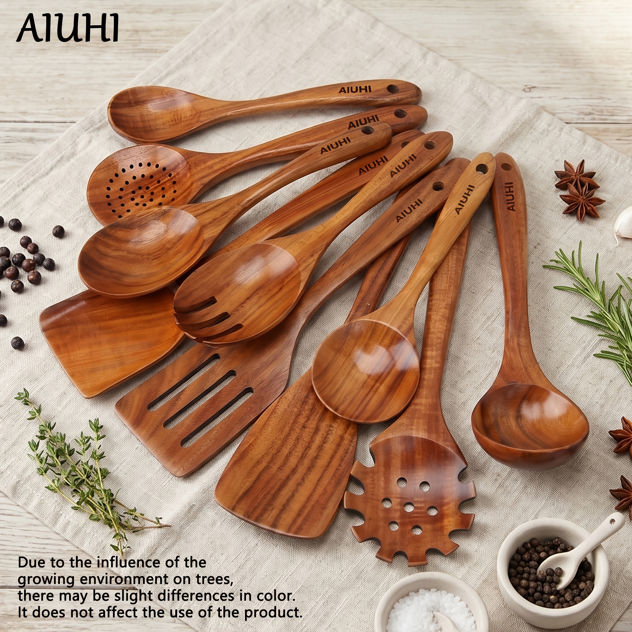 Image of Aiuhi 10pcs-815g Wooden Kitchen Cooking Utensils Set, Wooden Spoons For Nonstick Pans And Cookware, Sturdy And Heat Resistant